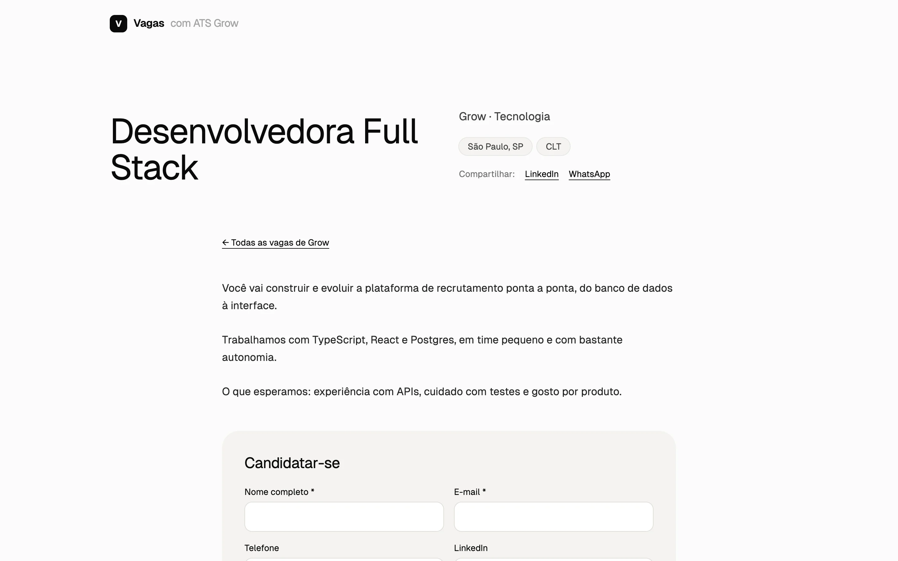 Página pública de uma vaga com formulário de candidatura